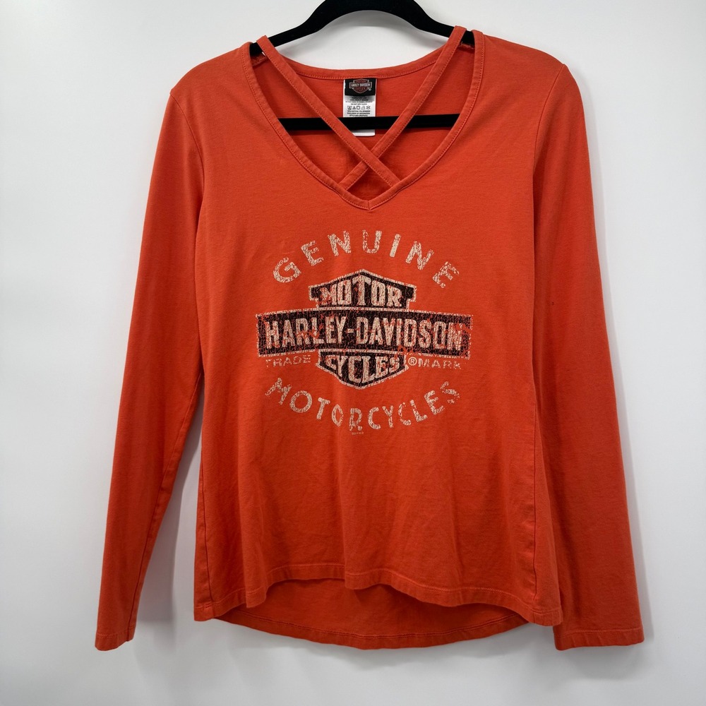 Harley Davidson Womens Size Small Long Sleeve Shirt Orange V Neck Y2K Graphic